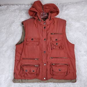 Vintage Utility Puffer Vest Hooded Packable Outdoor Cargo Pockets Mens L